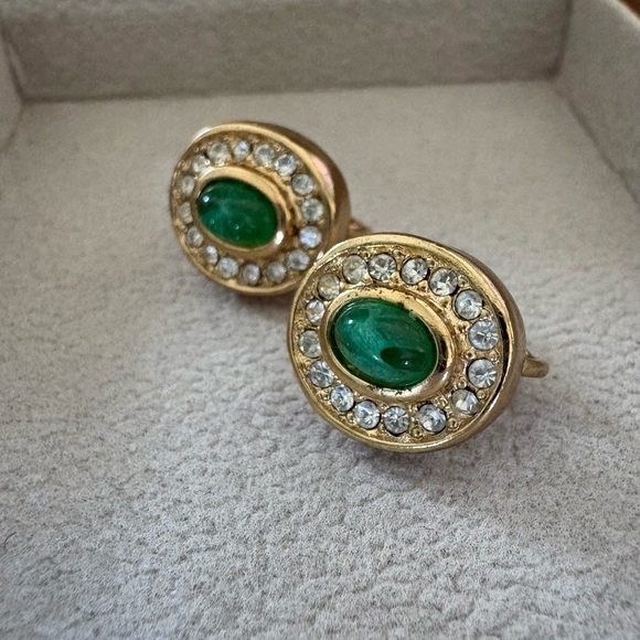 Dior Gold-Tone Earrings with Green Cabochons and Clear Crystals - Picture 6 of 6